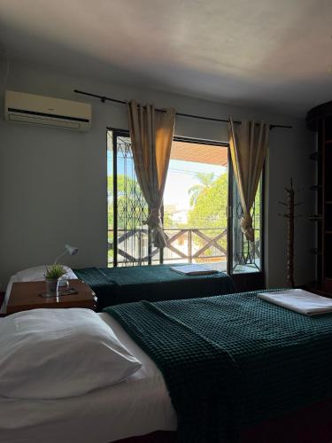 a bedroom with a bed and a window with a view at Triana Guest House in Foz do Iguaçu