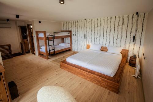 a bedroom with a bed and a bunk bed at Forest by Leni - National Park Salt Pool Villa in Beočin