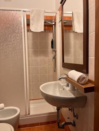 a bathroom with a sink and a shower at Podere Montecorno in Alberese