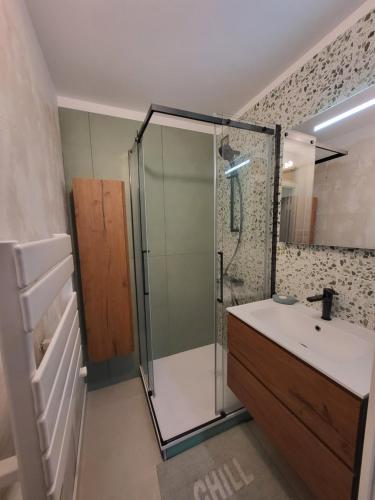 a bathroom with a shower and a sink at Les jardins du Luxembourg in Hyères