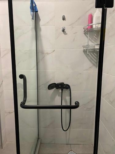 a shower door with a shower handle in a bathroom at studio in Itʼkhvisi
