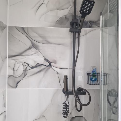 a shower with a blow dryer in a bathroom at Albion's House in Luton