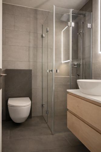 a bathroom with a shower and a toilet and a sink at Chalet Höfi - Ski-in Ski out at Hörnlilift by Arosa Stay in Arosa