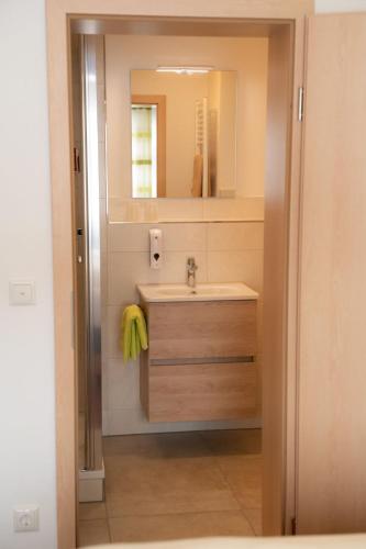 a bathroom with a sink and a mirror at Hotel zur Post e.K. in Waischenfeld