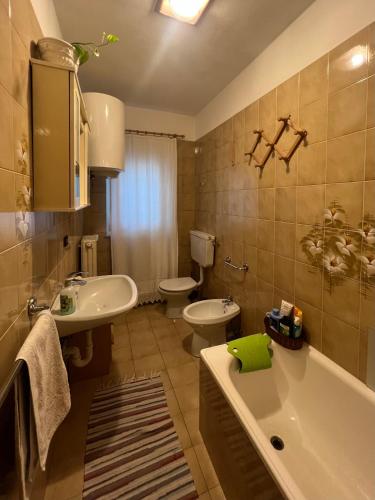 a bathroom with a tub and a toilet and a sink at Ceda Ladina in Santo Stefano di Cadore