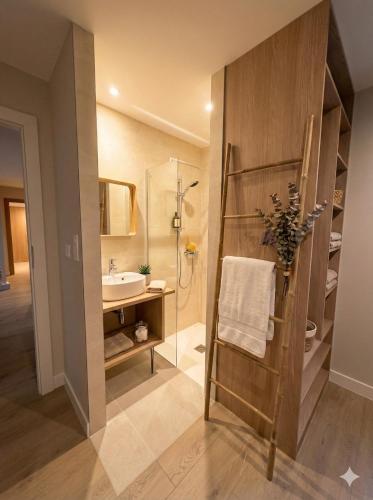 a bathroom with a sink and a shower at Sandstone in Noisy-sur-École