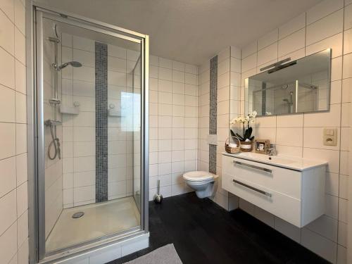 a bathroom with a shower and a toilet and a sink at Chez JAJA in Malmedy