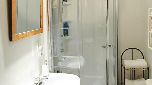 a bathroom with a shower and a sink and a toilet at Le Clos des Brumes Chalet in Chateau Richer