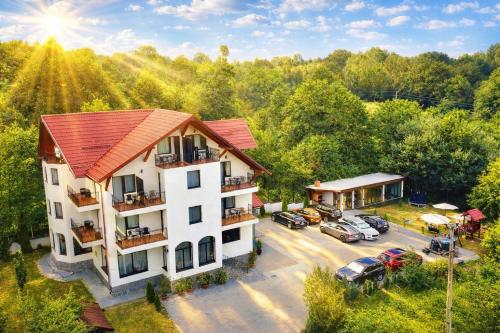 an aerial view of a hotel with a parking lot at Oana's Boutique in Bran