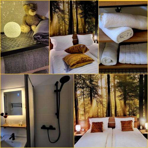 a collage of pictures of a bedroom with a shower at Pension Waldschloß in Holzminden