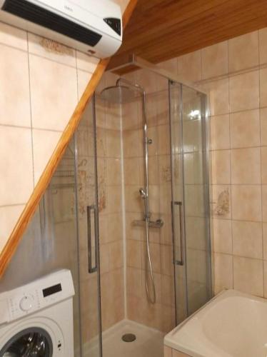 a shower in a bathroom with a washing machine at La madeleine in Malandry