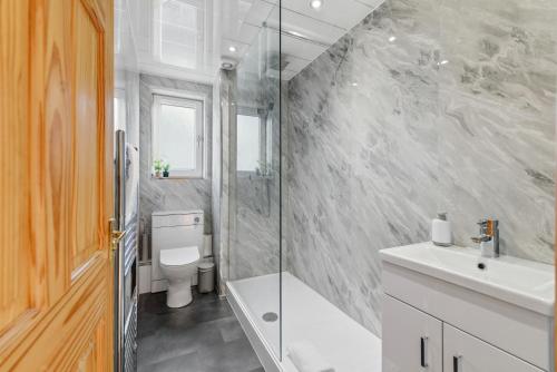 a bathroom with a shower and a toilet and a sink at Harbour Views in Ferryden