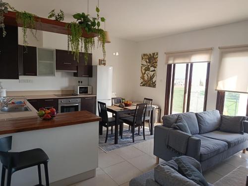 a kitchen and living room with a couch and a table at corali in Tersephanou