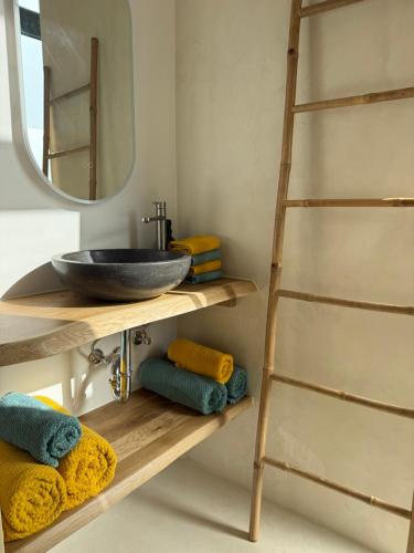 a bathroom with a sink and a mirror and towels at Villa Francine in Deinze