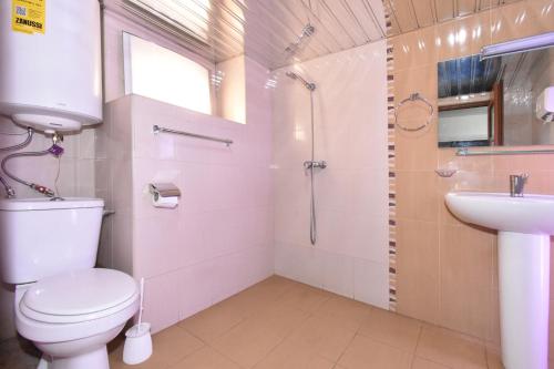 a bathroom with a toilet and a sink and a shower at Dawntown Boutique Guest House in Yerevan