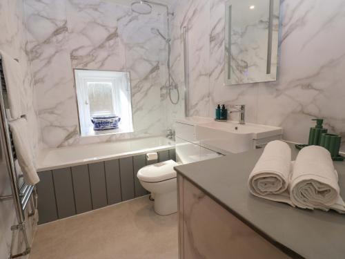 a white bathroom with a toilet and a sink at Eastend Cottage in Leyburn