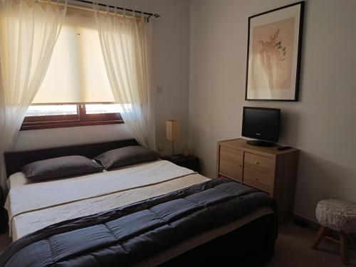 a bedroom with a bed and a television and a window at corali in Tersephanou