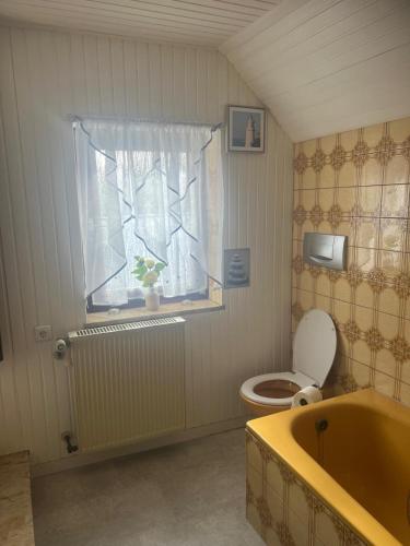 a bathroom with a toilet and a window and a tub at Beti Apartment in Nentershausen