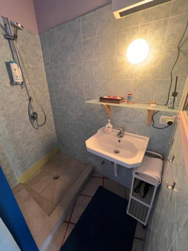 a bathroom with a sink and a shower at La Rosa dei Monti Iblei in Ferla
