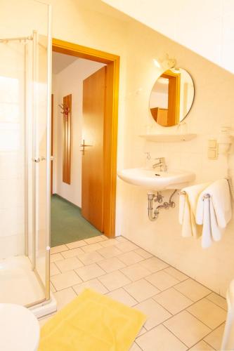 a bathroom with a sink and a mirror and a shower at Pension Seeluft in Ahrenshoop