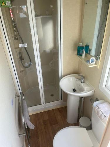 a bathroom with a shower and a toilet and a sink at 159 Summerfields in Great Yarmouth