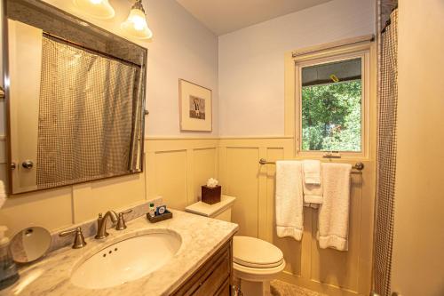 a bathroom with a sink and a toilet and a window at Coates By Hauserman Rentals in Tahoe City
