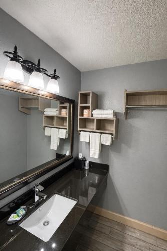 a bathroom with a sink and a mirror and towels at Milan inn & Suites in Milan