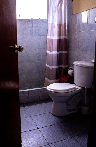 a bathroom with a toilet and a shower at Hotel Deza in Lampa
