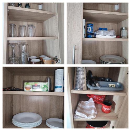 three pictures of a pantry with plates and other items at Margit Haus in Stara Moravica