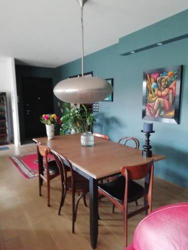 Maison individuelle في Morières-lès-Avignon: طاولة طعام مع كراسي ومصباح معلق