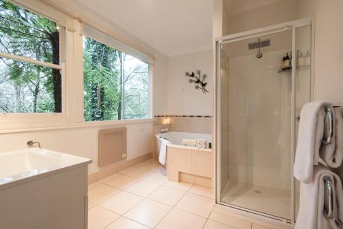 ein Bad mit einer Dusche und einem Waschbecken in der Unterkunft Cottage in the Forest in Olinda