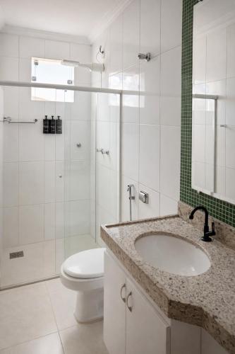 a bathroom with a sink and a toilet and a shower at Apê 301 - Central, Garagem, Ar-Cond - 2 Quartos in Governador Valadares
