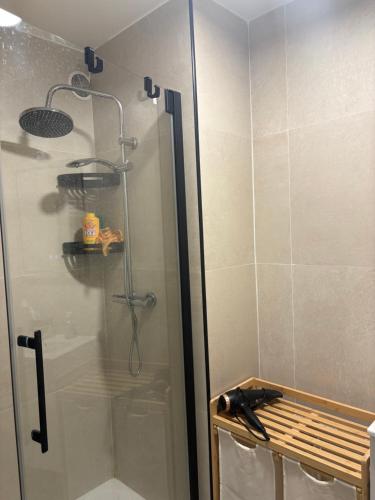 a shower with a glass door in a bathroom at Chambre privée dans un appartement partagé in Colombes