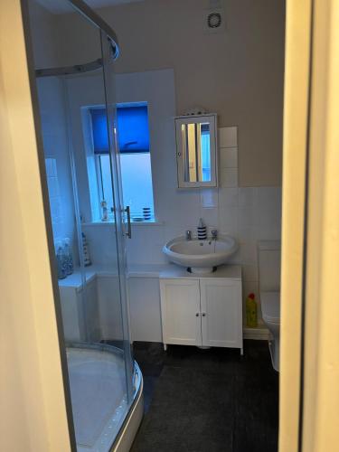 a bathroom with a shower and a sink and a toilet at 18b Sandamar in Sutton on Sea