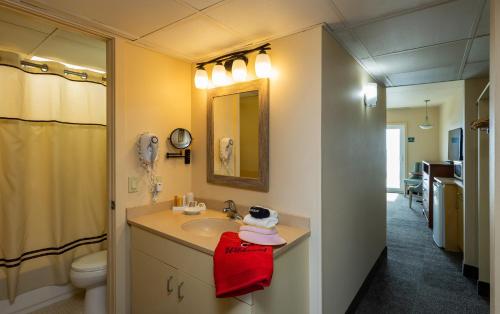 a bathroom with a sink and a toilet and a mirror at Reges Oceanfront Resort in Wildwood Crest