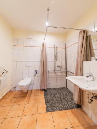 a bathroom with a toilet and a sink and a shower at Hof Sierksdorf in Sierksdorf