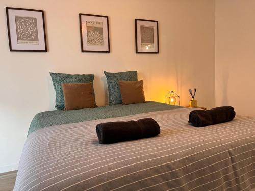 a large bed with two pillows on top of it at T2 Cosy avec Terrasse & 2 parkings privés in Saint-André-de-Cubzac