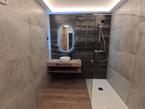 a bathroom with a shower with a sink and a mirror at Urdaibai Gernika Stages in Guernica y Luno