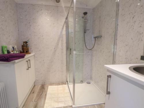 a bathroom with a shower and a sink at Shepherds Delight in Macclesfield