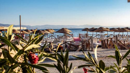 a beach with umbrellas and chairs and the ocean at Sivrice Sarnıç in Behramkale