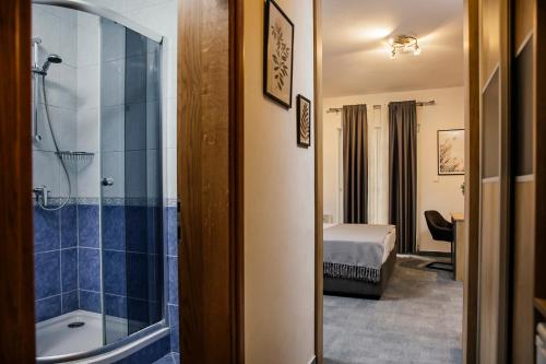 a room with a bathroom with a shower and a bed at White Stone Villa 43 in Promajna
