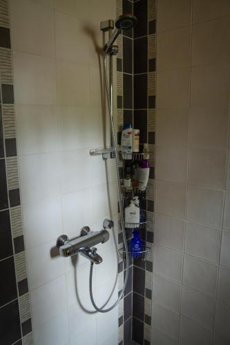 a shower in a bathroom with a hose on the wall at Koliwood B in Kolinkylä
