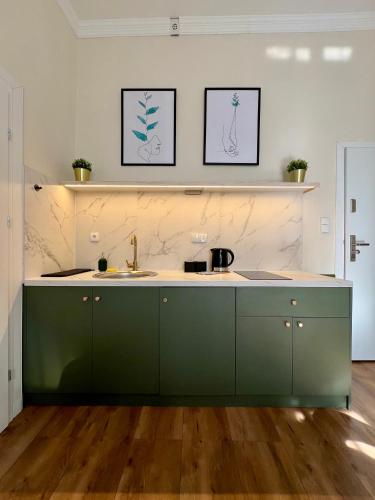 a kitchen with green cabinets and a sink at Apartments Piotrkowska 67 in Łódź