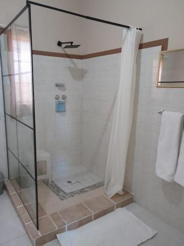 a shower with a glass door in a bathroom at Ebenezer Verblyf in Fraserburg