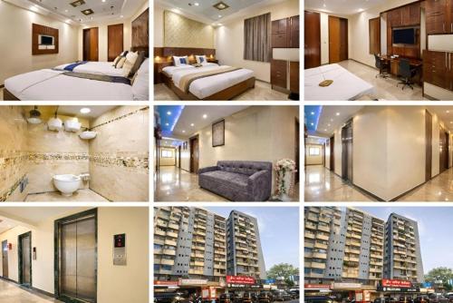a collage of four pictures of a hotel room at Glitz Saineel Executive Near Juhu Beach in Mumbai