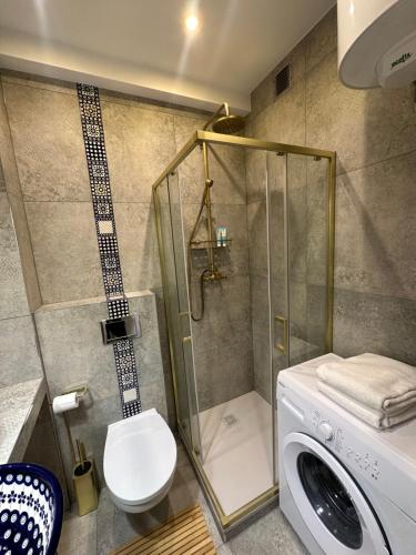 a bathroom with a shower and a washing machine at Pottery Town Center Apartment in Bolesławiec