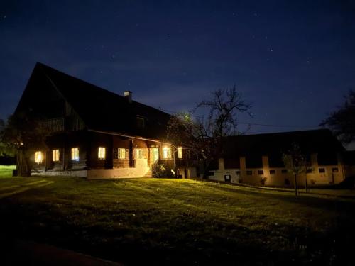 ein Haus bei Nacht mit eingeschaltetem Licht in der Unterkunft Reschbauer in Mainsdorf