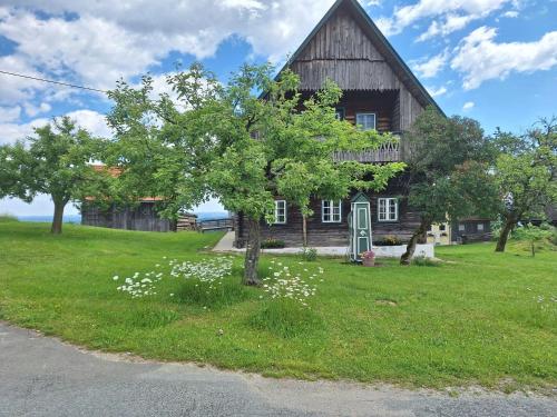 eine alte Scheune mit weißen Blumen davor in der Unterkunft Reschbauer in Mainsdorf