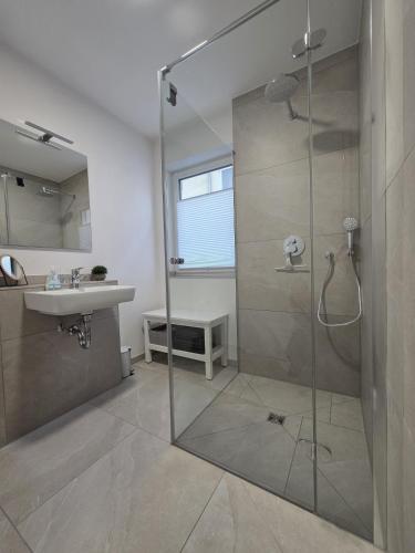 a bathroom with a shower and a sink at Zippel`s Fewo M14 in Bad Buchau