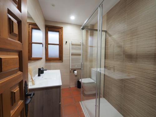 a bathroom with a toilet and a sink and a shower at Casa Ara in Boltaña